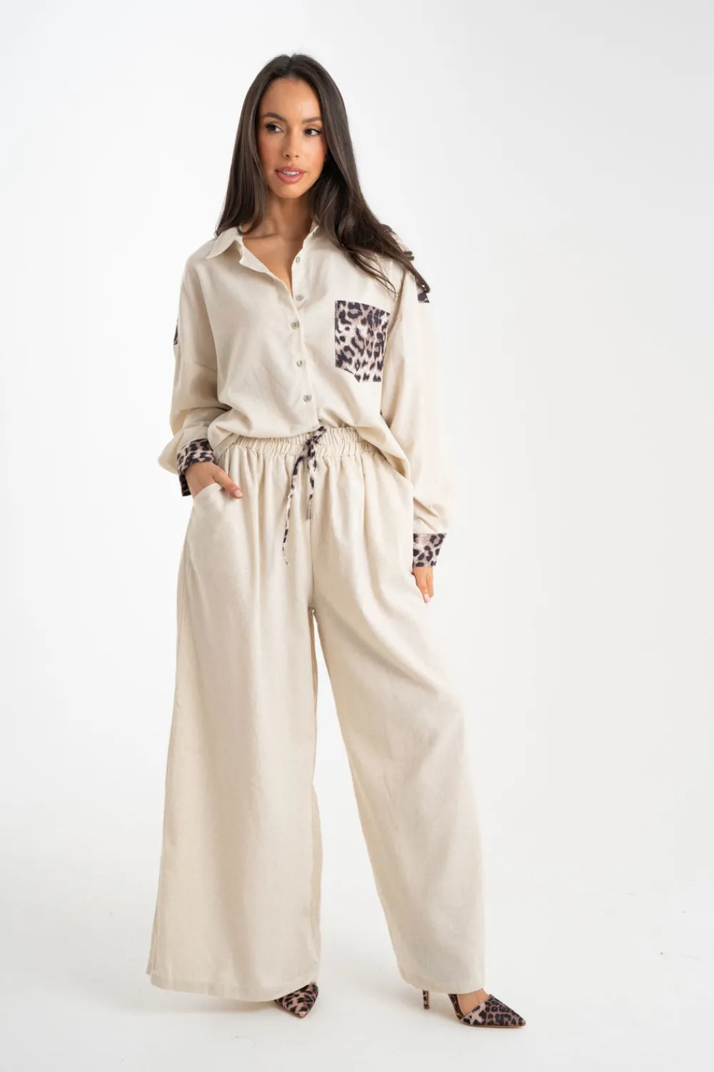 The Walk in Wardrobe Trousers>Millie Leopard Print Trim Trousers In Neutral