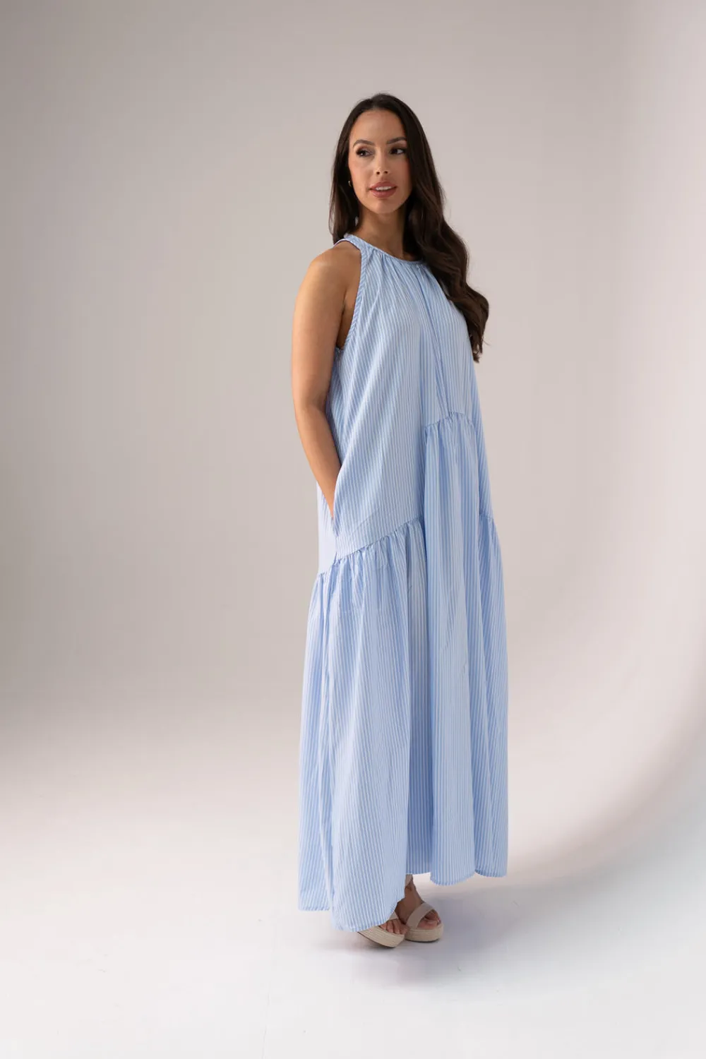 The Walk in Wardrobe Maxi Dresses>Millie Pinstripe Maxi Dress In Blue