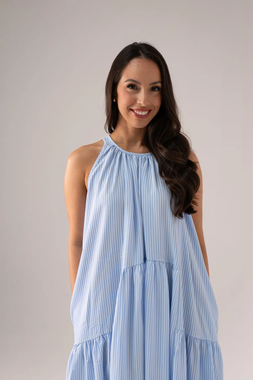 The Walk in Wardrobe Maxi Dresses>Millie Pinstripe Maxi Dress In Blue