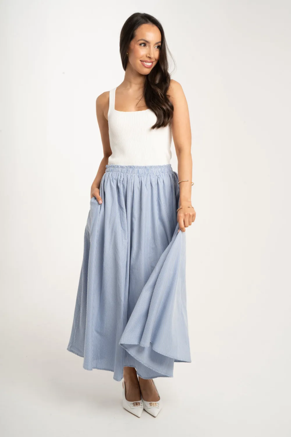 The Walk in Wardrobe Skirts & Skorts>Millie Pinstripe Maxi Skirt In Blue