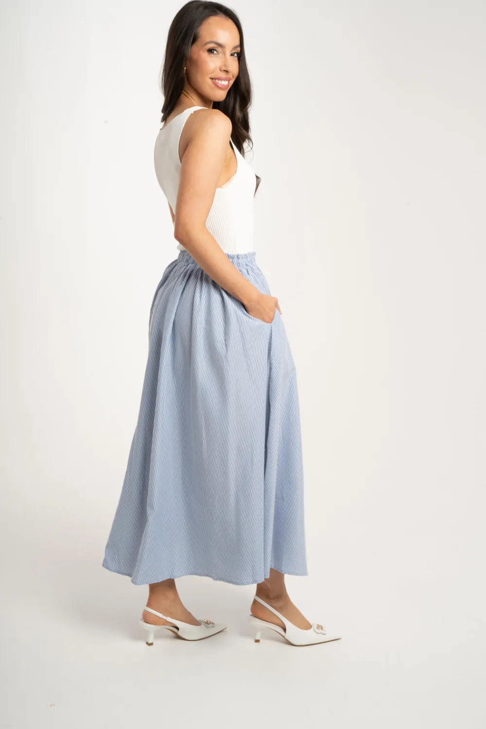 The Walk in Wardrobe Skirts & Skorts>Millie Pinstripe Maxi Skirt In Blue