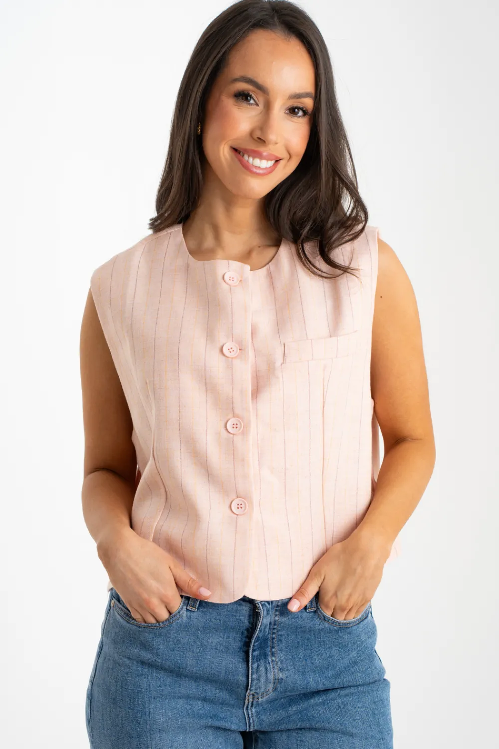 The Walk in Wardrobe Tops>Millie Pinstripe Waistcoat In Neutral