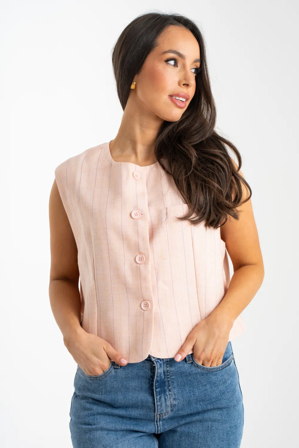 The Walk in Wardrobe Tops>Millie Pinstripe Waistcoat In Neutral