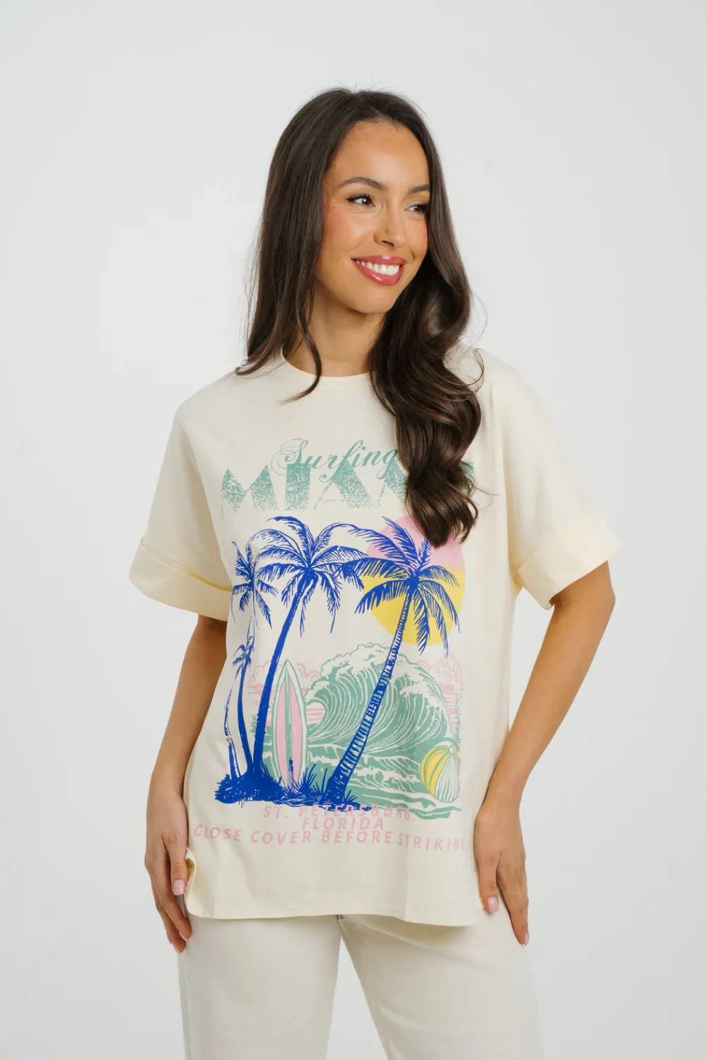 The Walk in Wardrobe T-Shirts|Tops>Millie Surfing Miami T-Shirt In Cream