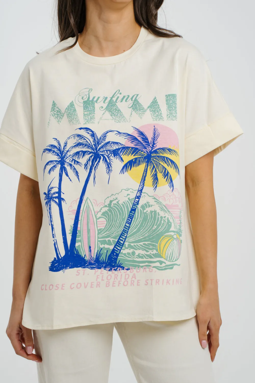 The Walk in Wardrobe T-Shirts|Tops>Millie Surfing Miami T-Shirt In Cream