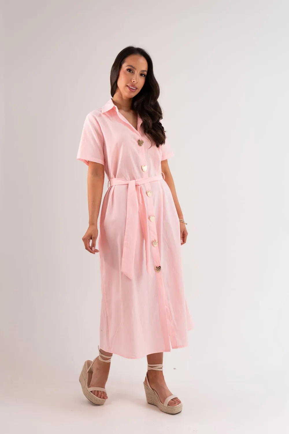 The Walk in Wardrobe Midi Dresses>Millie Tie Waist Shirt Dress In Pink