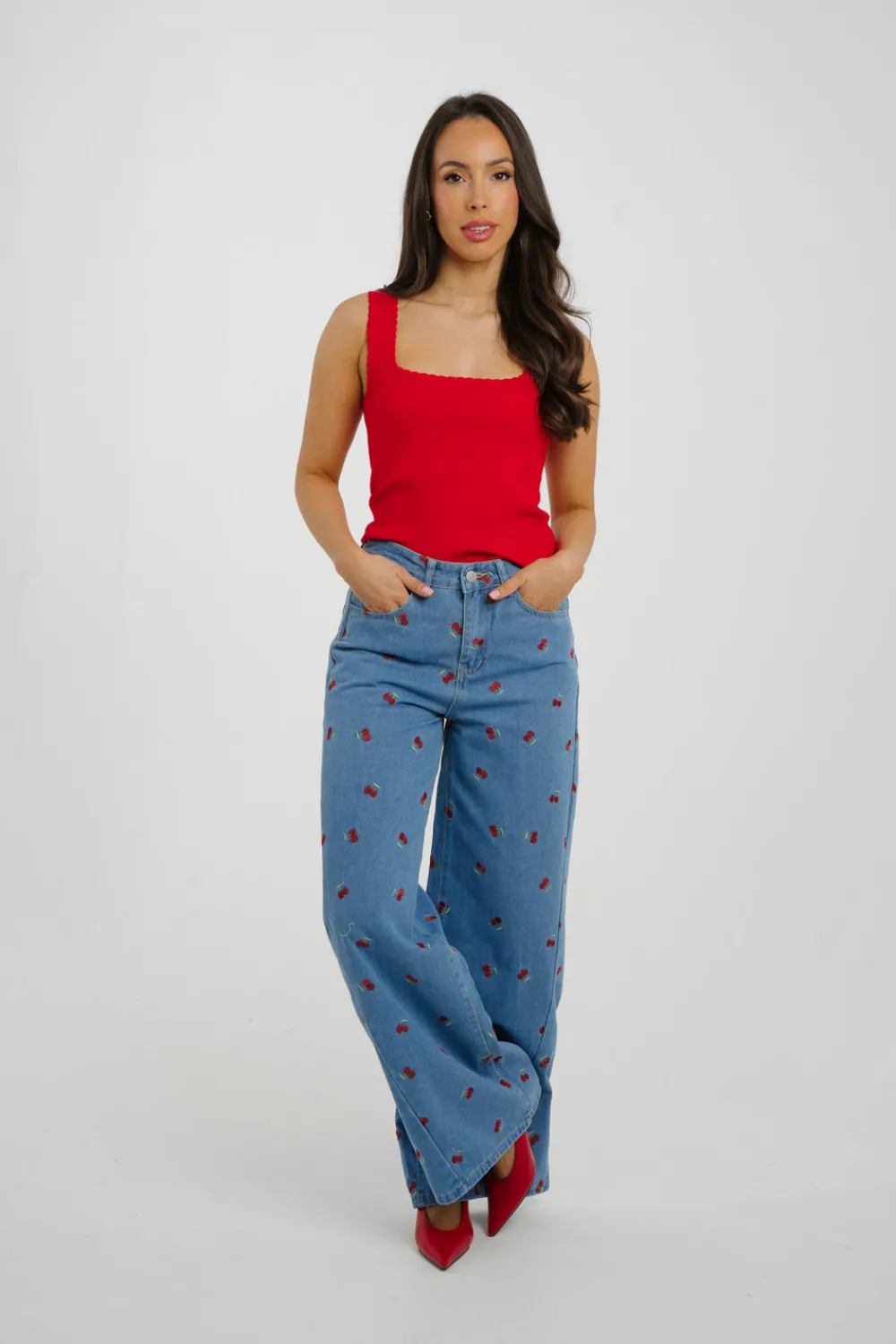 The Walk in Wardrobe Wide Leg Jeans>Millie Wide Leg Cherry Jeans In Denim