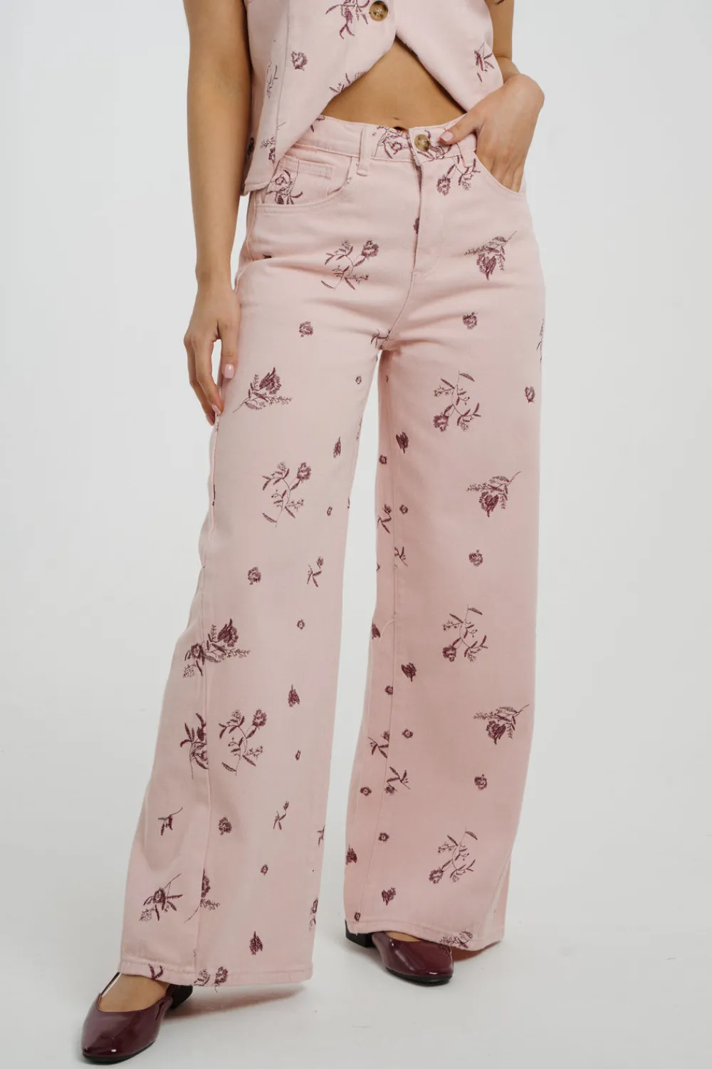 The Walk in Wardrobe Wide Leg Jeans>Millie Wide Leg Floral Jeans In Pink