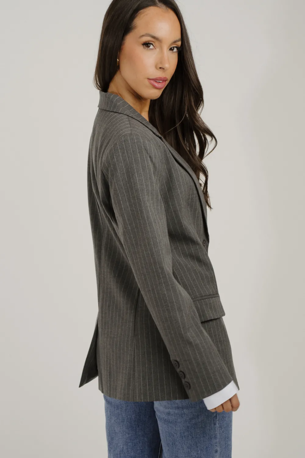 The Walk in Wardrobe Blazers>Nadia Pinstripe Blazer In Light Grey