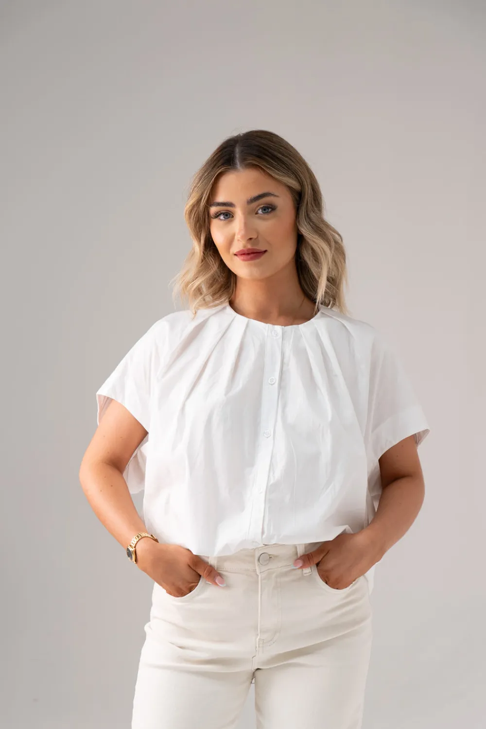 The Walk in Wardrobe Shirts>Paige Pleat Front Blouse In White