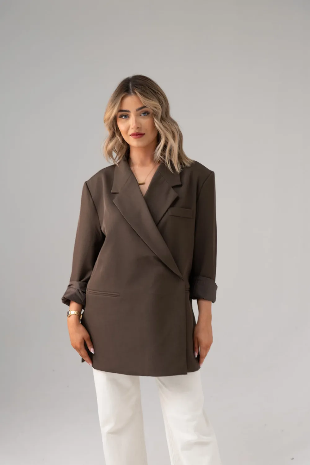The Walk in Wardrobe Blazers>Paige Wrap Style Blazer In Chocolate