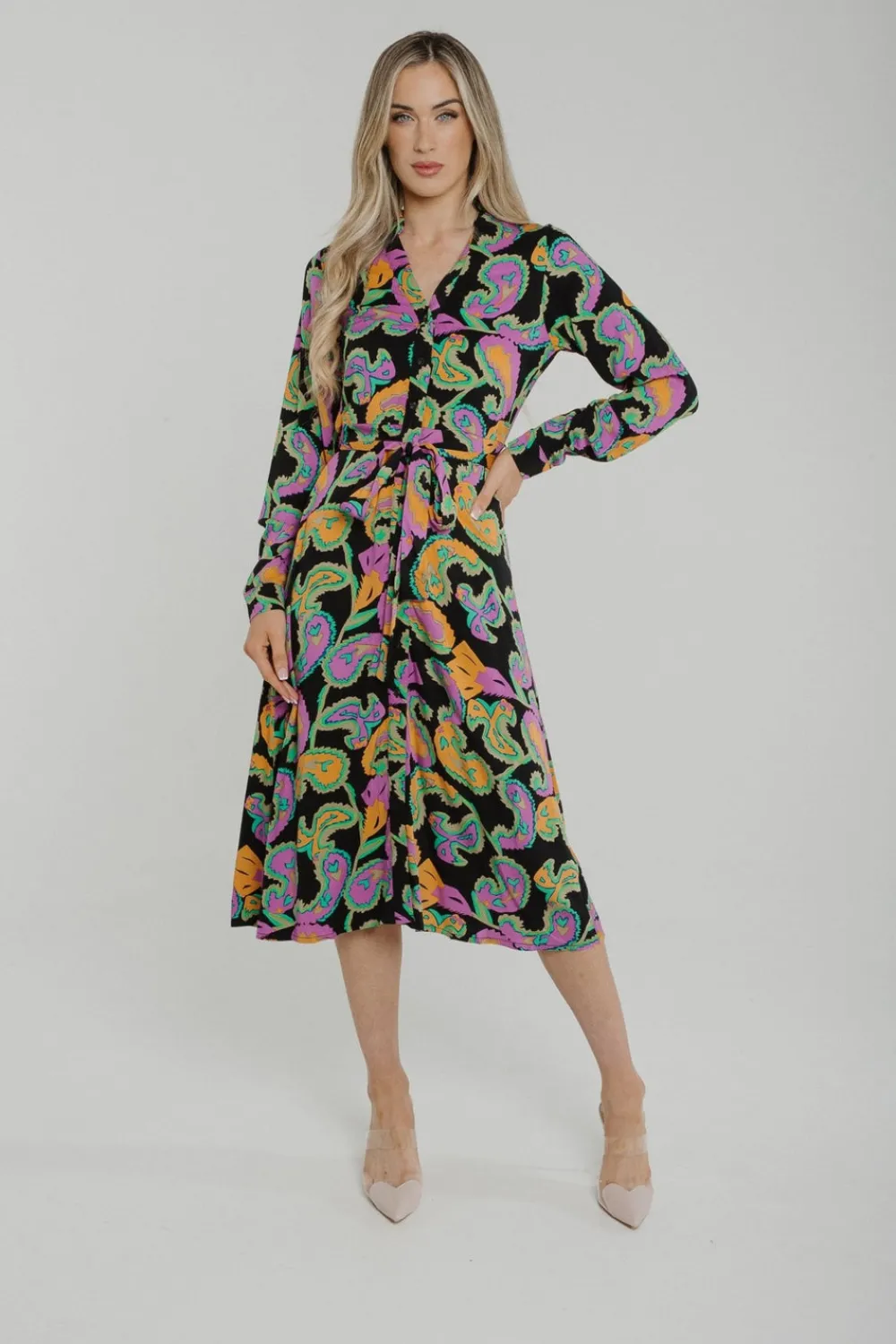 The Walk in Wardrobe Midi Dresses>Penny Tie Waist Shirt Dress In Black Multi