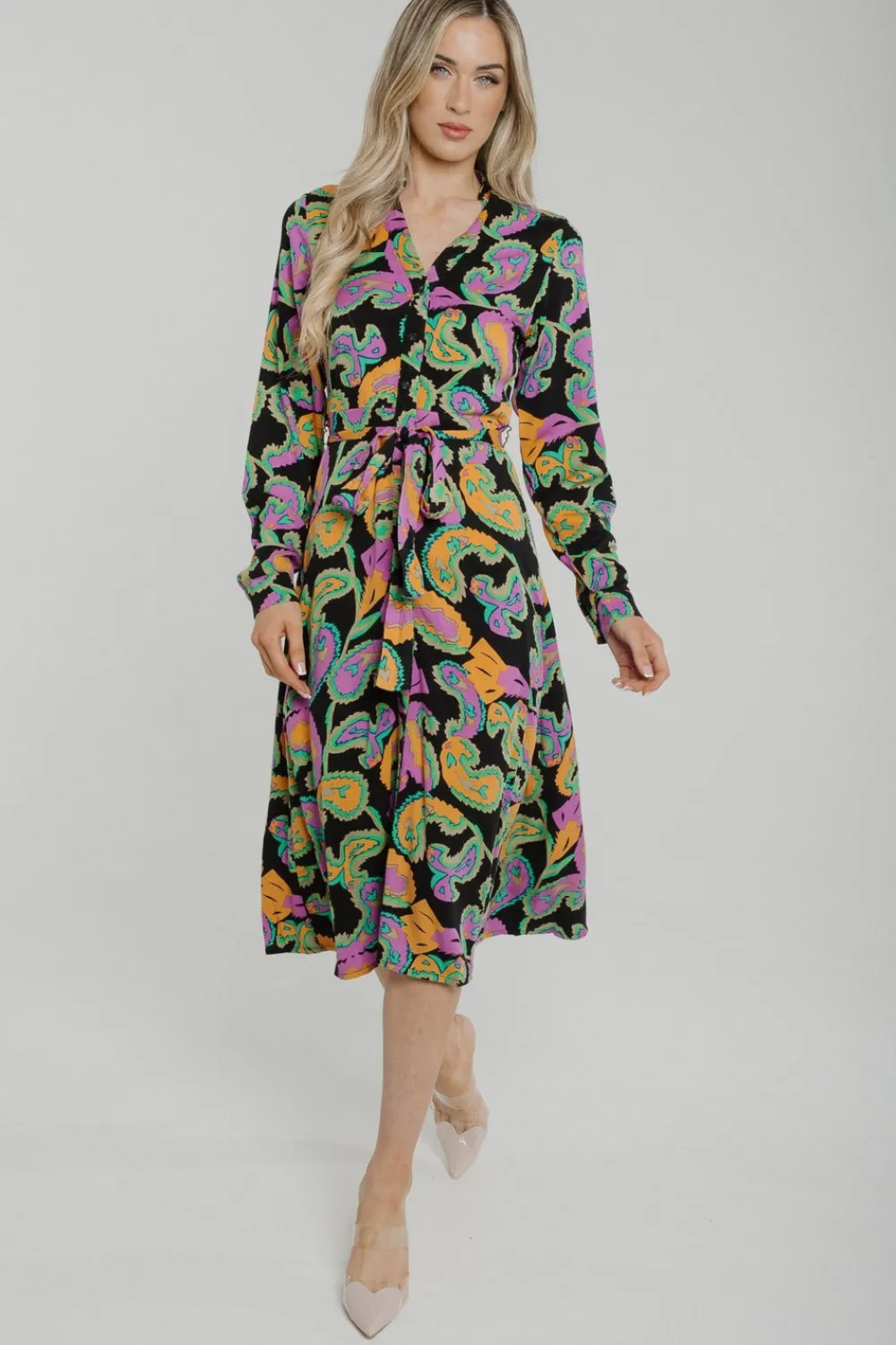 The Walk in Wardrobe Midi Dresses>Penny Tie Waist Shirt Dress In Black Multi