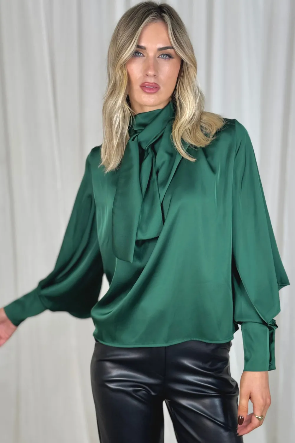 The Walk in Wardrobe Shirts>Pia Tie Neck Satin Blouse In Emerald Green