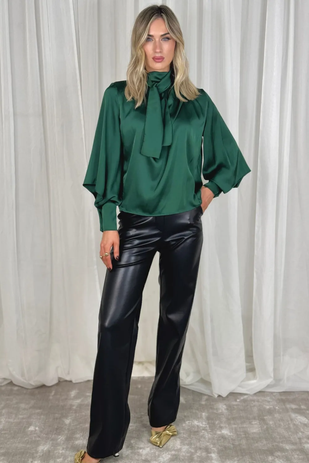 The Walk in Wardrobe Shirts>Pia Tie Neck Satin Blouse In Emerald Green