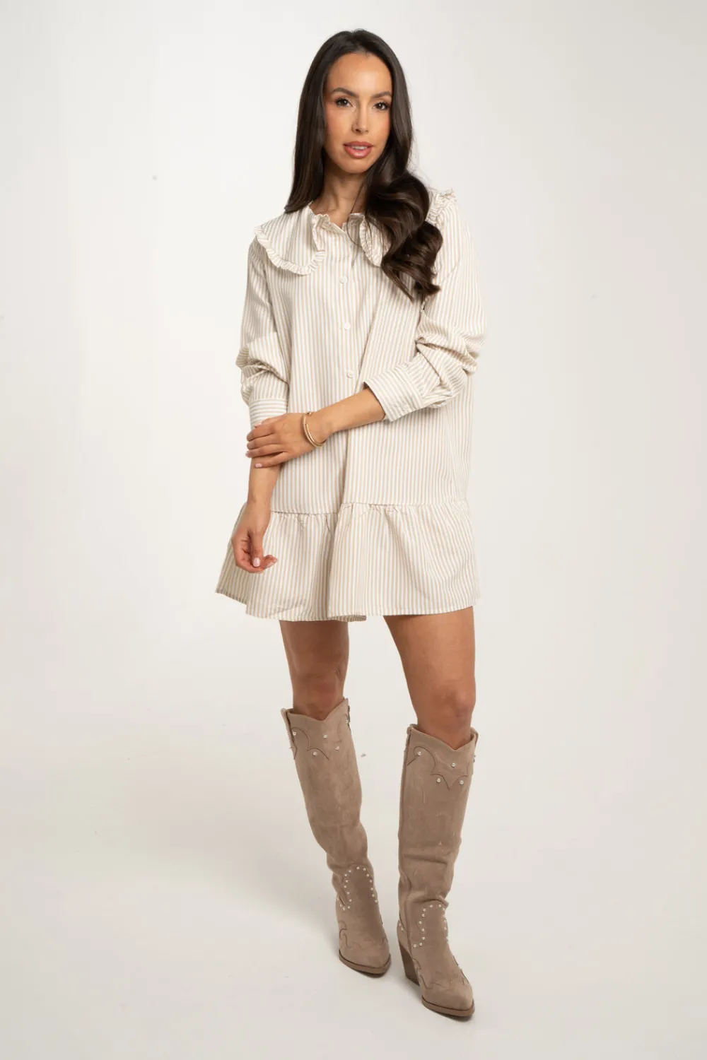 The Walk in Wardrobe Mini Dresses>Polly Frill Collar Dress In Beige Stripe