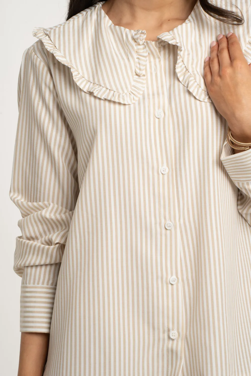 The Walk in Wardrobe Mini Dresses>Polly Frill Collar Dress In Beige Stripe