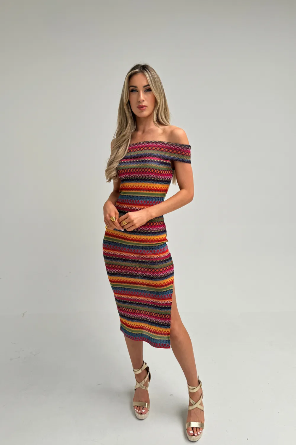 The Walk in Wardrobe Midi Dresses>Polly Off Shoulder Stripe Dress In Pink Multi