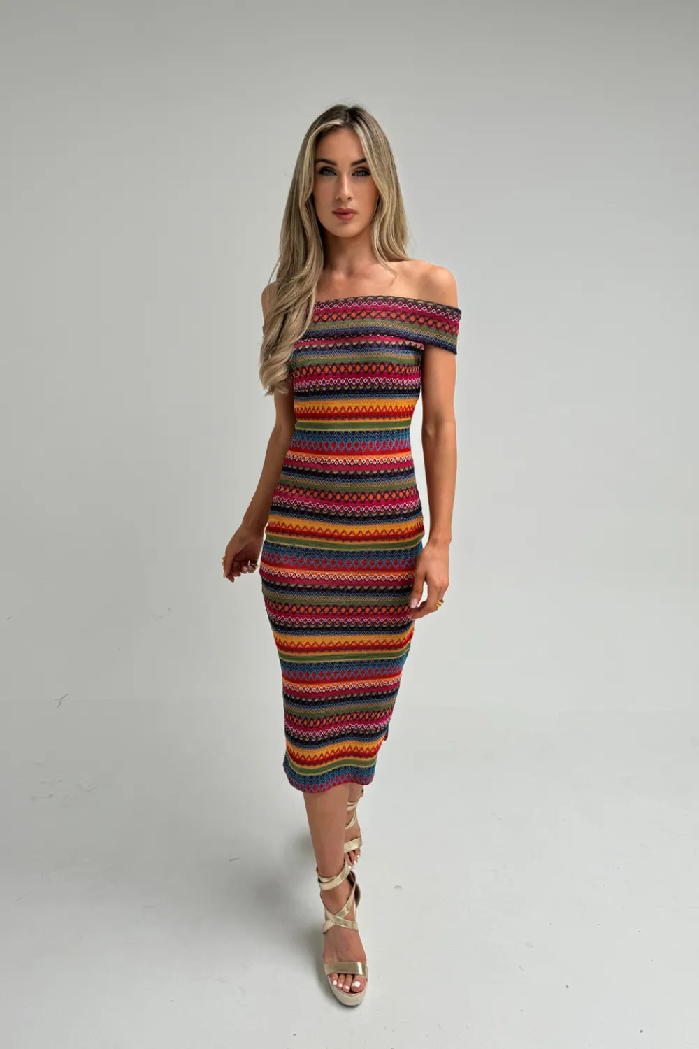 The Walk in Wardrobe Midi Dresses>Polly Off Shoulder Stripe Dress In Pink Multi