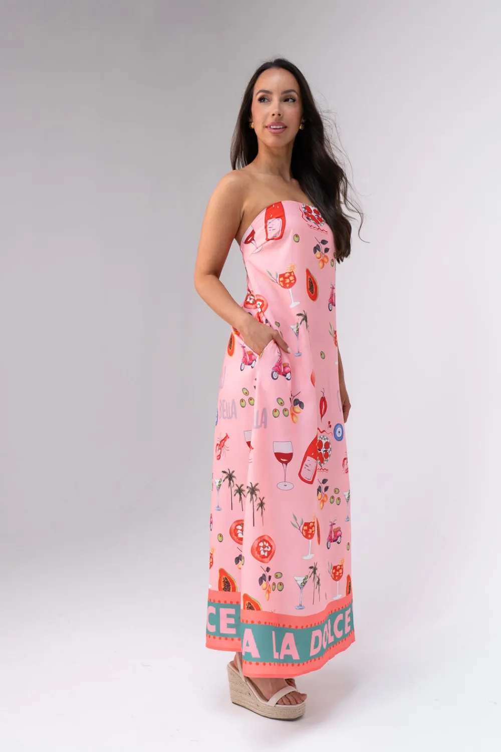 The Walk in Wardrobe Maxi Dresses>Polly Strapless Printed Maxi Dress In Pink