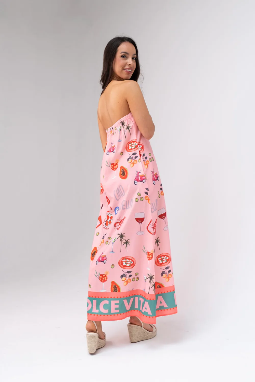 The Walk in Wardrobe Maxi Dresses>Polly Strapless Printed Maxi Dress In Pink