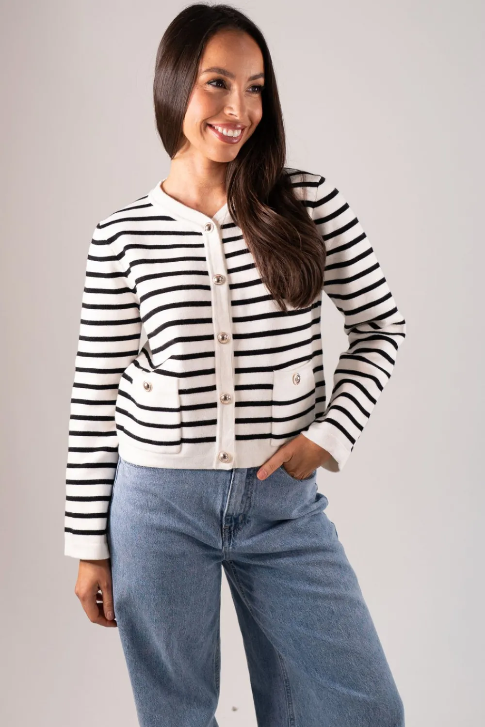 The Walk in Wardrobe Knitwear|Jumpers & Cardigans>Polly Stripe Cardigan In Monochrome