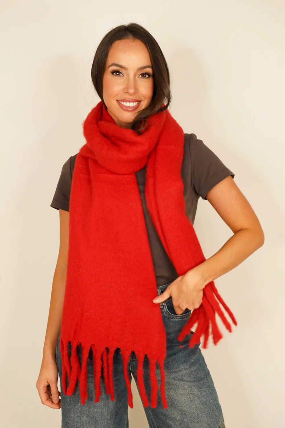 The Walk in Wardrobe Scarves>Polly Tassel Scarf In Red