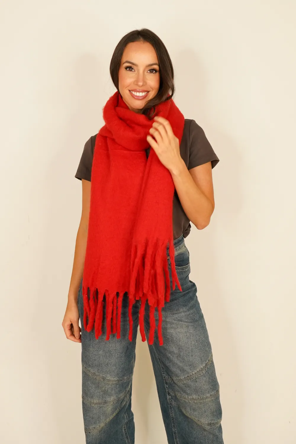 The Walk in Wardrobe Scarves>Polly Tassel Scarf In Red