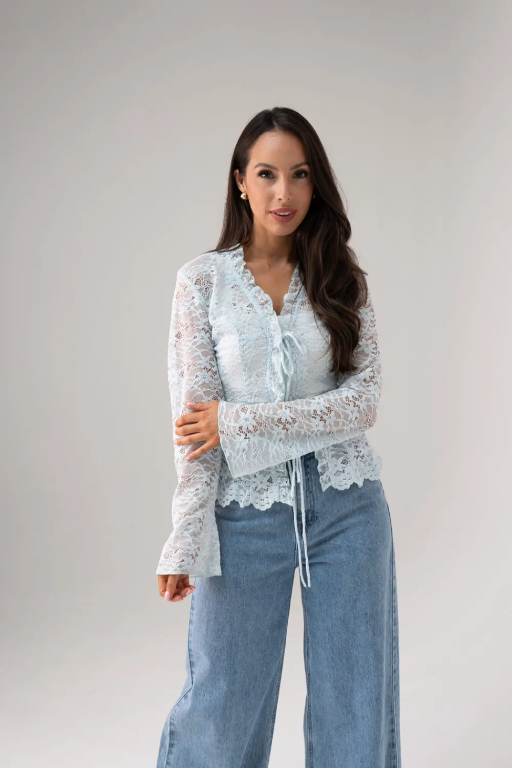 The Walk in Wardrobe Tops>Polly Tie Front Lace Blouse In Blue