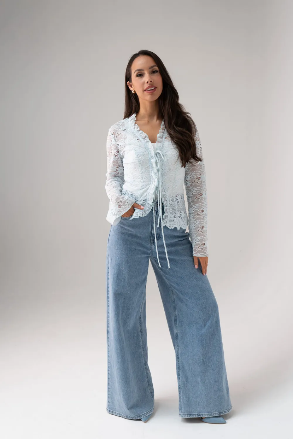 The Walk in Wardrobe Tops>Polly Tie Front Lace Blouse In Blue