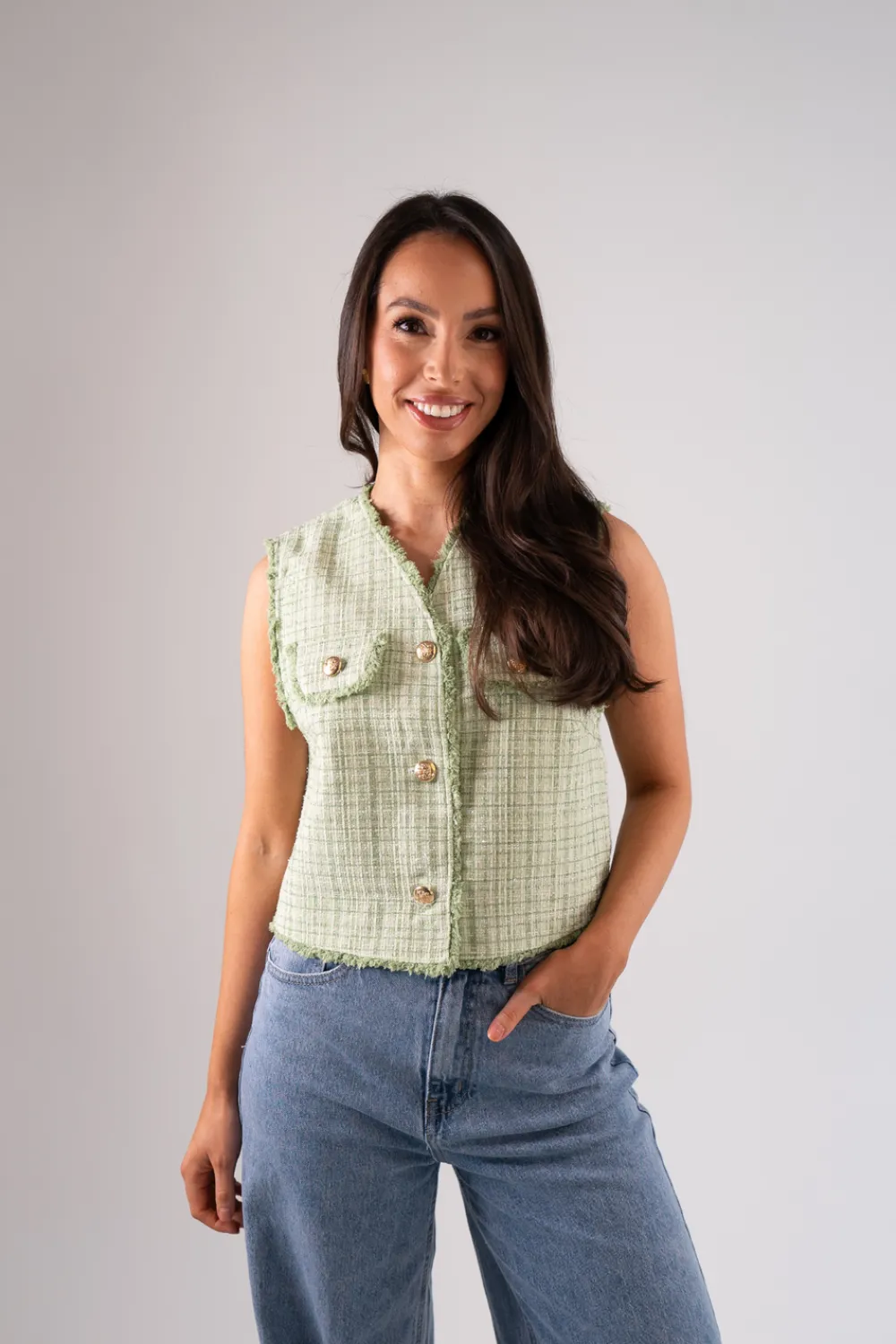 The Walk in Wardrobe Tops>Polly Tweed Waistcoat In Green