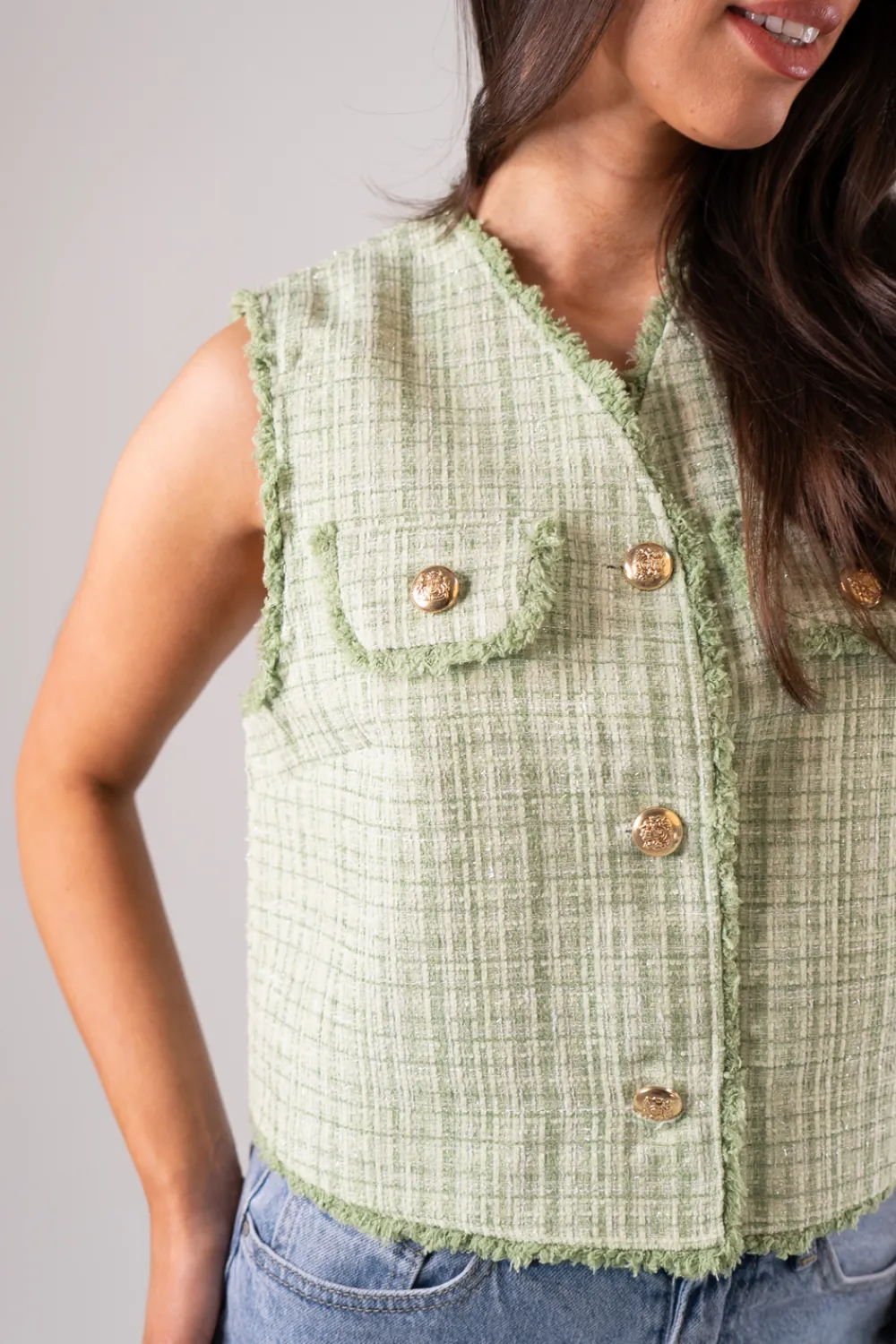 The Walk in Wardrobe Tops>Polly Tweed Waistcoat In Green