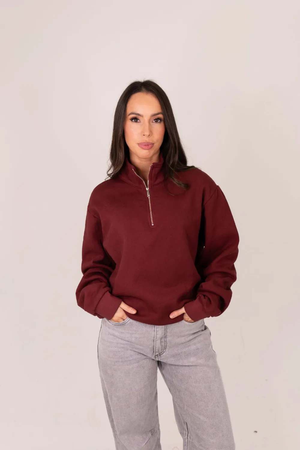 The Walk in Wardrobe Hoodies & Sweatshirts>Poppy Half Zip Sweatshirt In Bordeaux
