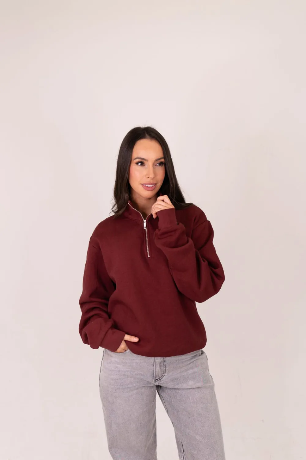 The Walk in Wardrobe Hoodies & Sweatshirts>Poppy Half Zip Sweatshirt In Bordeaux
