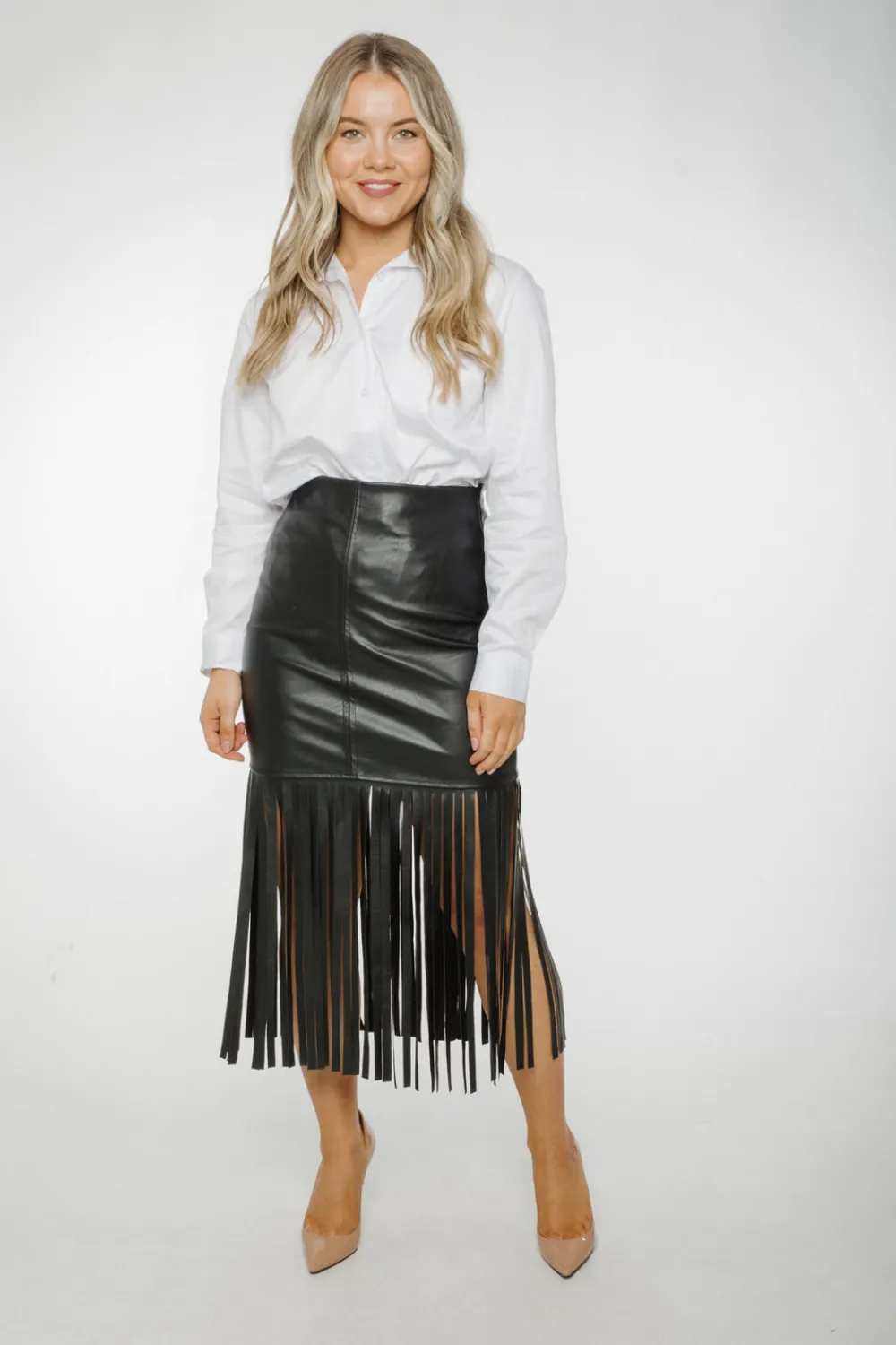 The Walk in Wardrobe Skirts & Skorts>Rachel Fringed Leather Skirt In Black