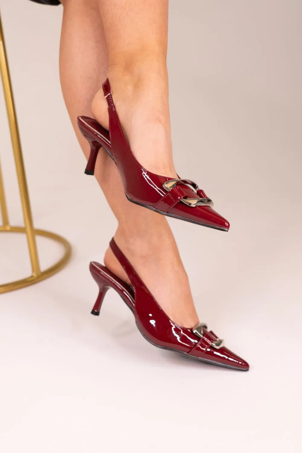 The Walk in Wardrobe Heels|Slingbacks>Sadie Buckle Patent Slingback In Wine