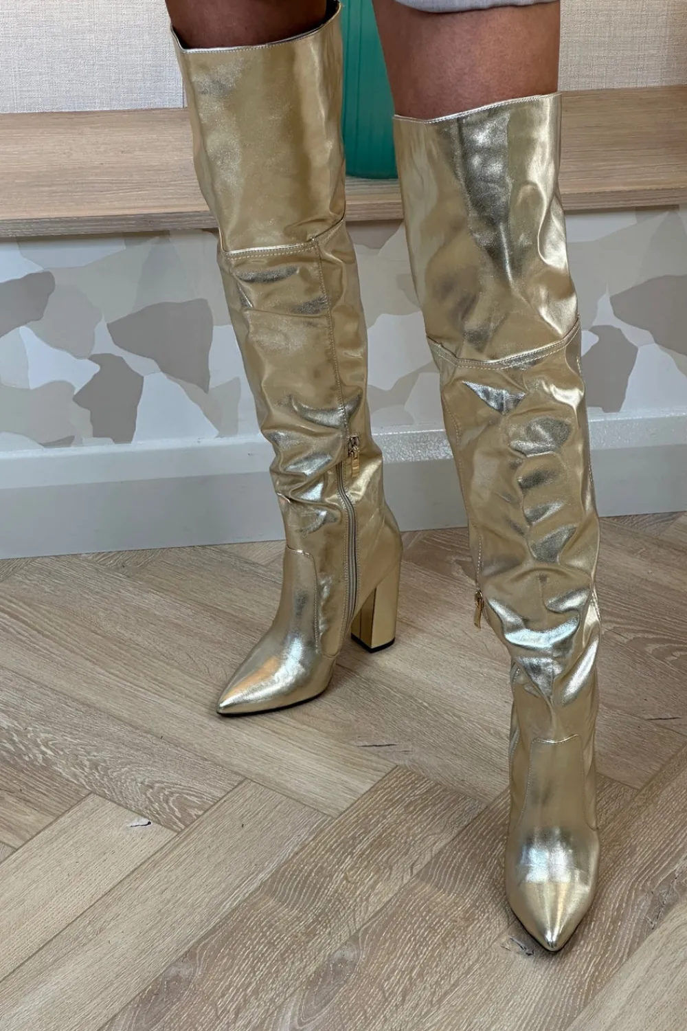 The Walk in Wardrobe Heels|Boots>Sadie Metallic Over Knee Boot In Gold