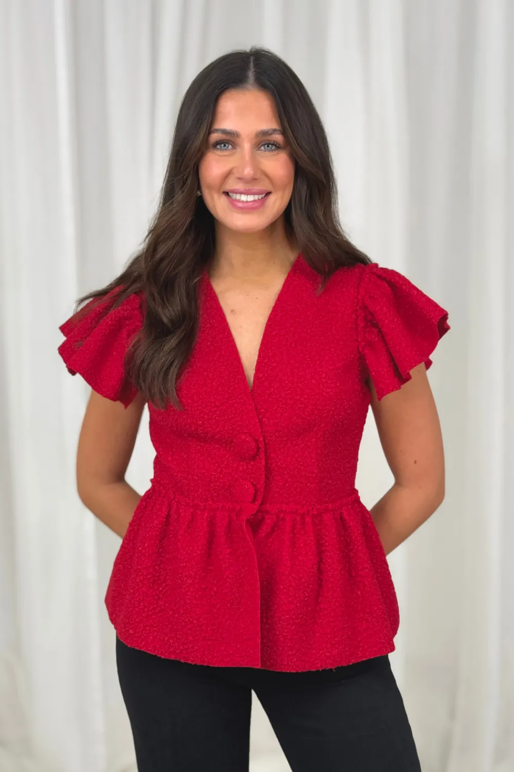 The Walk in Wardrobe Tops>Sienna Textured Peplum Waistcoat In Red