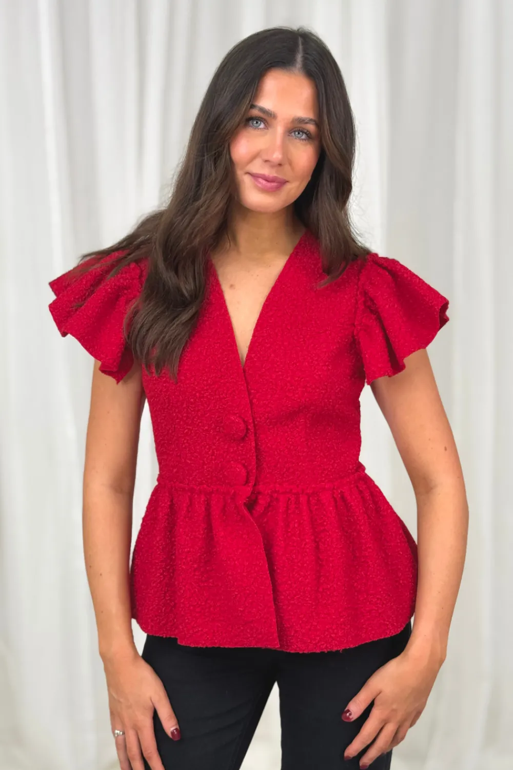 The Walk in Wardrobe Tops>Sienna Textured Peplum Waistcoat In Red