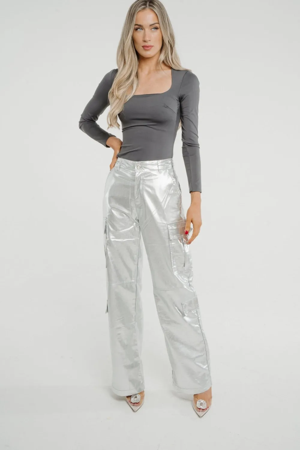 The Walk in Wardrobe Trousers>Summer Metallic Combat Trousers In Silver