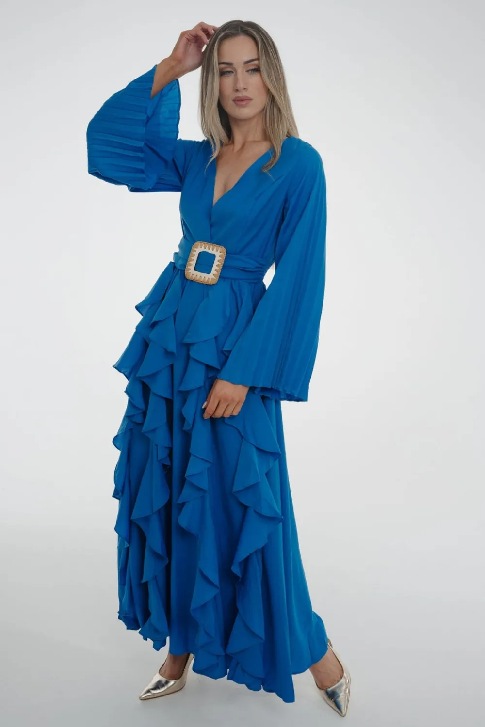 The Walk in Wardrobe Midi Dresses>Taylor Belted Ruffle Dress In Blue