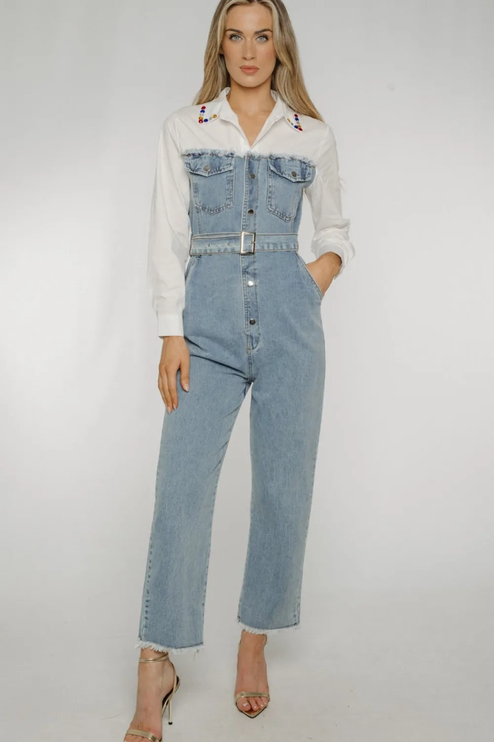 The Walk in Wardrobe Belts|Jumpsuits & Playsuits>Terri Contrast Denim Jumpsuit In Blue